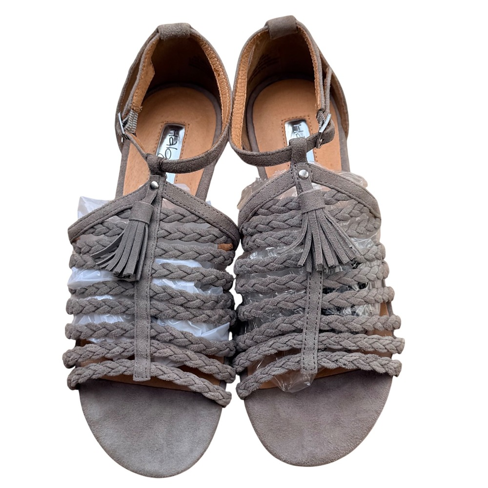 Halogen Braided Suede Sandals Womens 5.5 Taupe Grey Flat T-Strap Tassel Boho